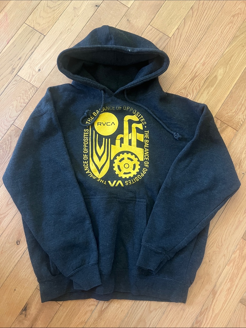 RVCA Grey Pullover Hoodie with Yellow Graphic Emblem